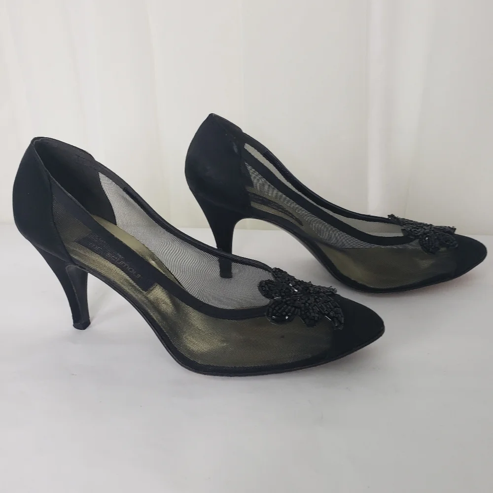 Vintage Stuart Weitzman for Mr. Seymour black satin mesh beaded pumps 8.5